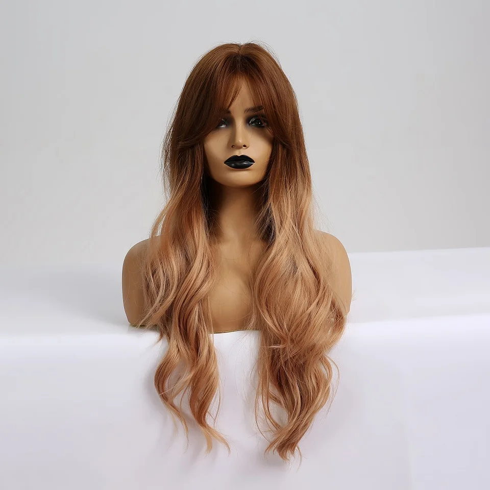 EASIHAIR Long Ombre Brown Synthetic Wigs For Black Women Wigs with Bangs High Density Temperature Glueless Wavy Cosplay Wigs