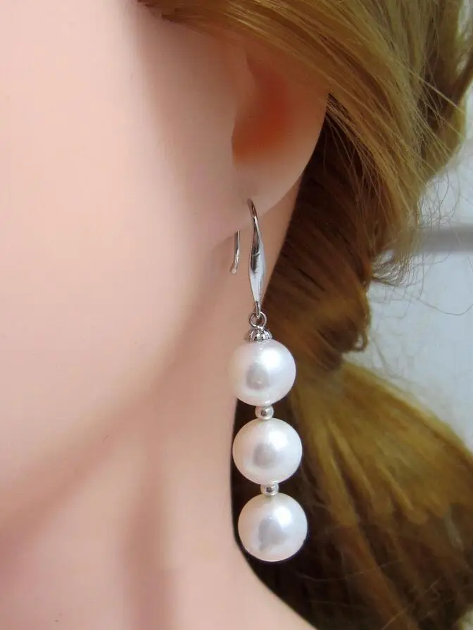 

White Gold Dangle AAA 11-10MM South Sea Natural White Pearl Earrings