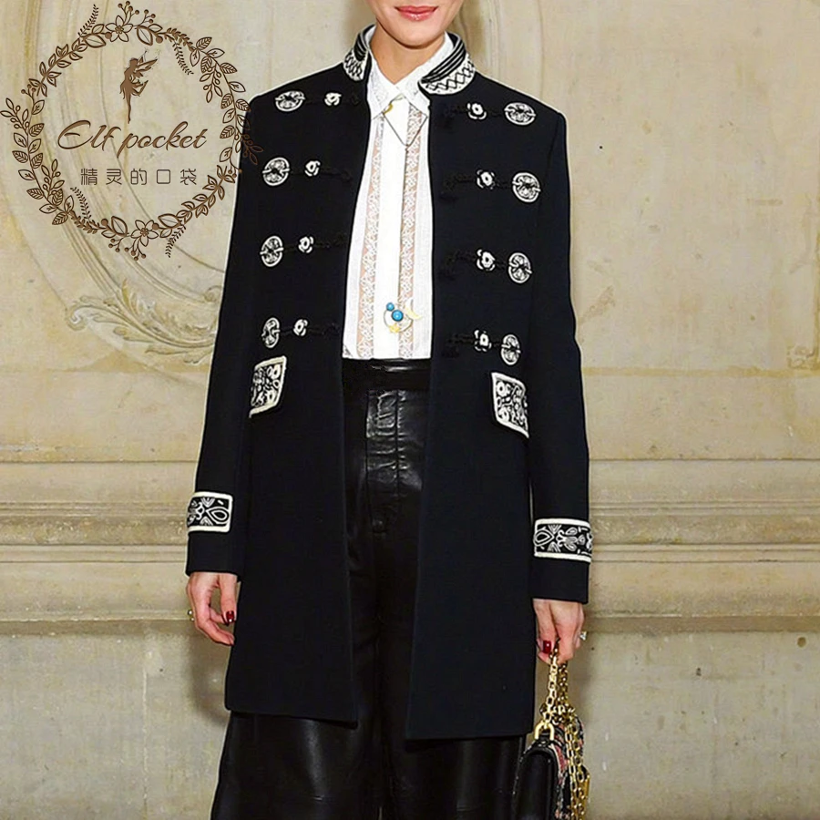 Embroidery Women Black Jacket Runway Vintage Coat Luxury Fall Winter Stand Collar chaqueta mujer long jackets Long | Женская одежда