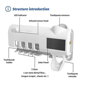 

UV Toothbrush Sanitizer Holders Solar Powered Wall Mount with Toothpaste Dispenser J8