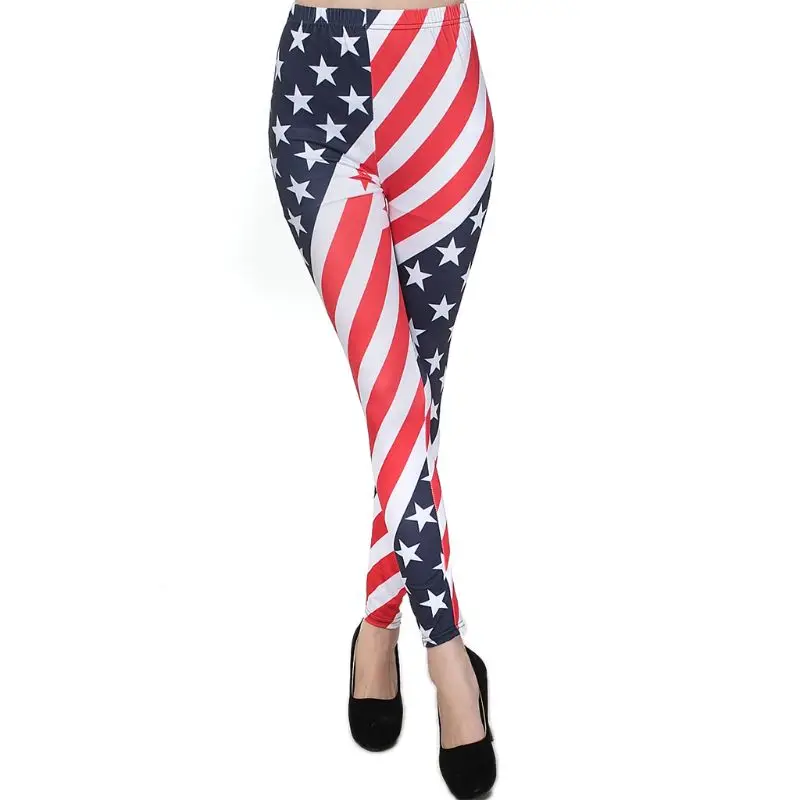 

Womens Mid Rise American Flag Ankle Leggings Patriotic Pants Contrast Color Star Stripes Stretchy Workout Fitness Tights