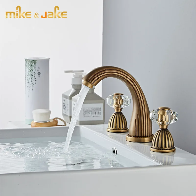 Crystal Antique brass tap three hole basin faucet cold and hot crystal handle crane bathroom | Обустройство дома