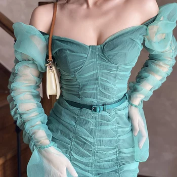 

2020 Spring New Beauty Emerald Folds Off Shoulder Temperament Dresses Long Sleeve Skinny Sexy Green Women Dress Above Knee Mesh