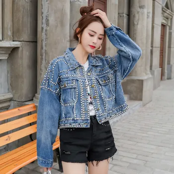 

Hand Studded Rivet Denim Jacket 2020 Women Cropped Tops Punk Jeans Casual Short Coats Streetwear Outerwear Buttons Bomber Jacket