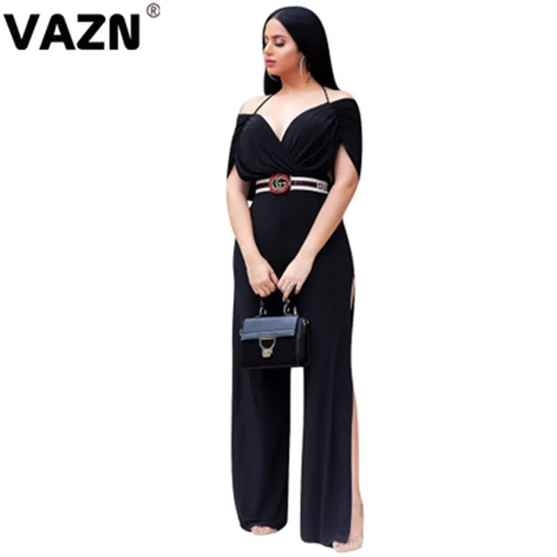 VAZN WYNZ8222, черный, с широкими носками, Высокий конец, сексуальный, мягкий, новая мода, однотонный, v-образный вырез, короткий рукав, высокая талия, женский длинный сверкающий комбинезон - Цвет: Черный