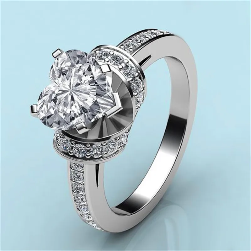 Unique Style Female Crystal Round Zircon Stone Ring 925 Silver Color Wedding Ring Promise Love Heart Engagement Rings For Women