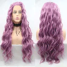 Лавандовые фиолетовые волнистые синтетические 13*3 Синтетические волосы на кружеве парик Термостойкое волокно натуральных волос боковые Par волос для Для женщин ежедневно парик