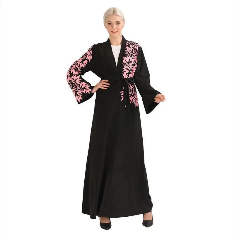 Длинный рукав исламское кимоно abaya Дубай Арабский Модный черный длинный кардиган женское мусульманское открытое кафтан абайя цветочный принт - Цвет: 1