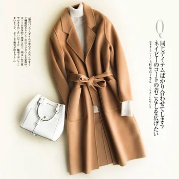 

Elegant Double-Sided Cashmere Coat With Sashes Office Lady Women's Long Solid Color Woolen Coats Casaco Feminino