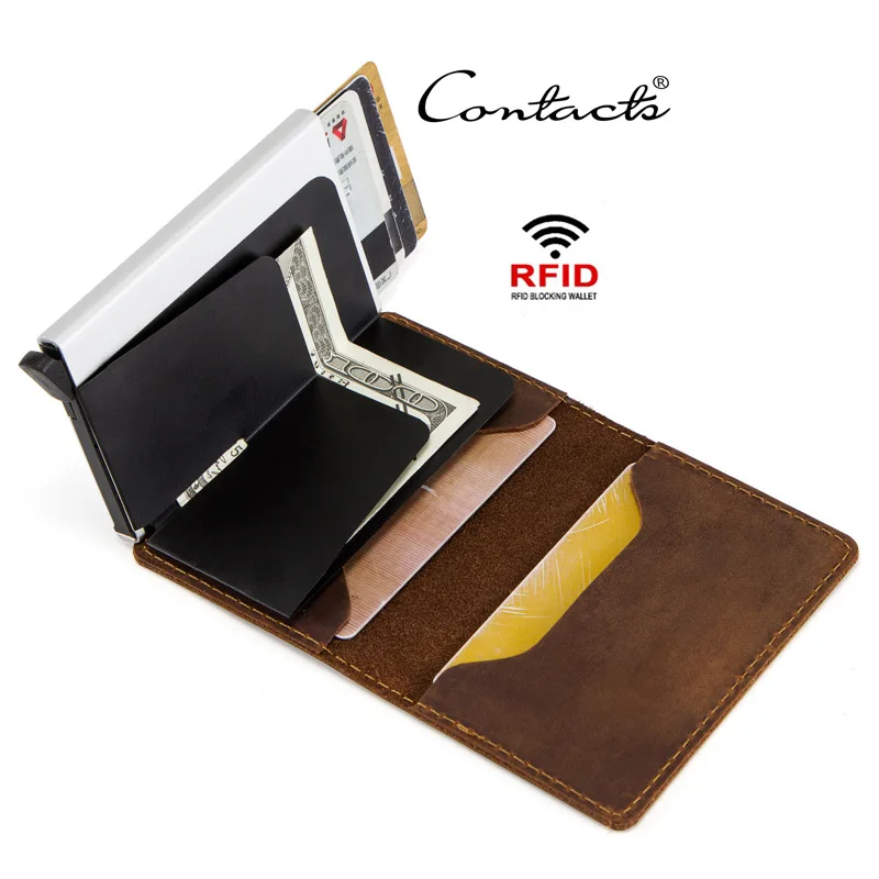 

2019 new Vintage Genuine Leather Aluminum RFID Men Business ID Card Holder Thin Pop Up Slim Card Case Wallet Male Coin Purse