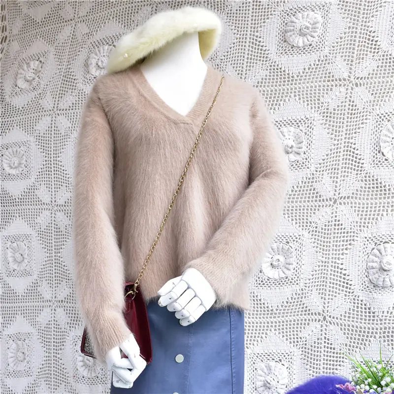 

ladies women winter fashion V-neck mink cashmere loose real plush angora rabbit fur long sleeve knitted pullover blouses sweater