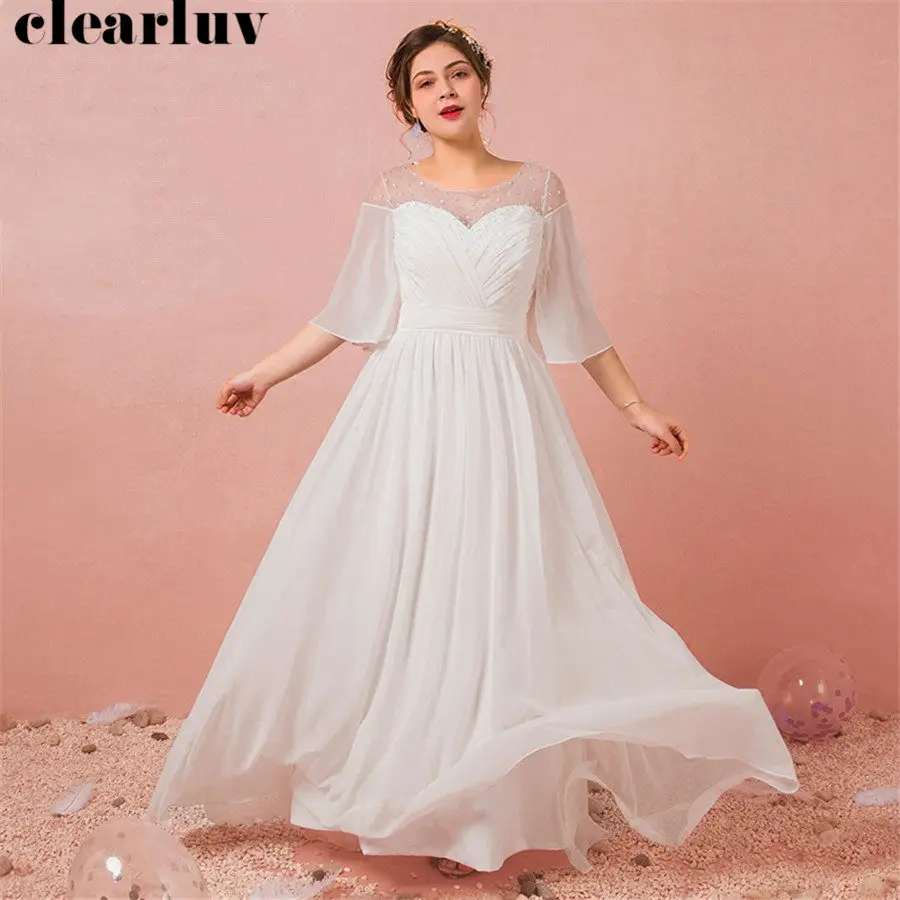 

Evening Dress Three Quarter Sleeve O-neck Robe De Soiree T440 2019 Plus Size Women Party Dresses White Simple Long Formal Gowns