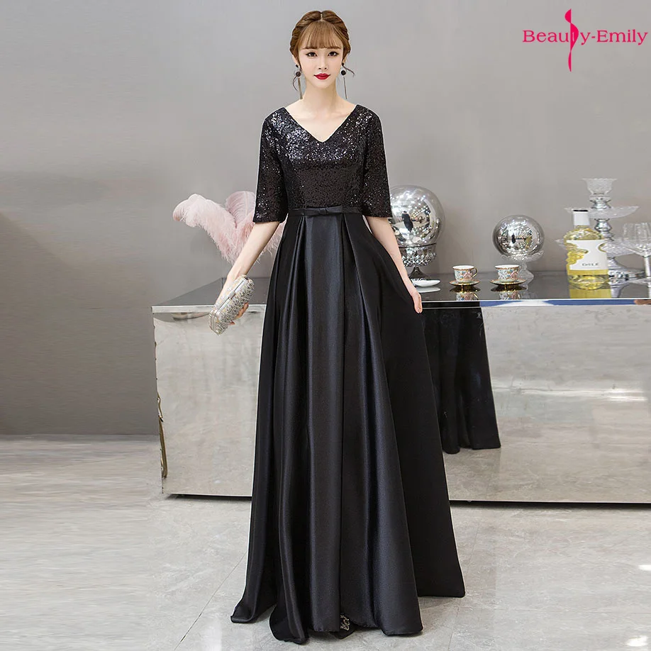 Black Beauty-Emily, v-образный вырез,, вечернее платье с блестками, длинное, красное, половина рукава, атласное, торжественное платье, вечерние платья, на шнуровке, сзади, Vestido de noche - Цвет: Black