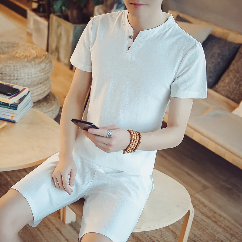 

2020 Summer Wear Men Fashion Cotton Linen Comfortable Leisure Suit Two-Button Short-sleeved Top Shorts Two-Piece Set