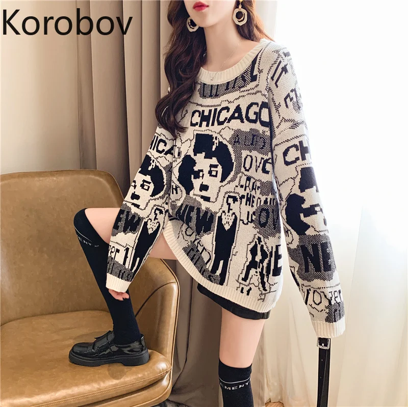 Korobov Harajuku мультяшный вязаный жаккардовый женский свитер корейский пуловер с