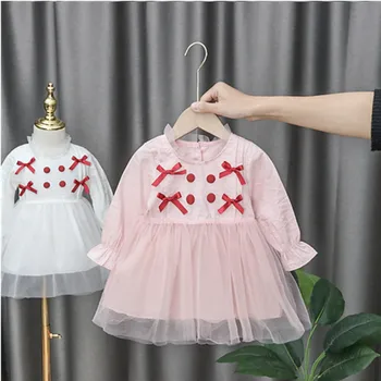 

Baby Girl Spring Dress Baby Girl Fashion Stretch Mesh Princess Dress Long Sleeves Button Solid Splicing Baby Girl Dresses RL2