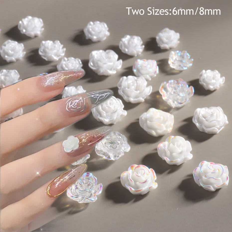 Wanmu 300 Pcs Flatback Resin Flower Charms, Colorful 3D Camellias Roses Flower Nail Charm, Cute Green Leaf Jewelry Charms, White Pearl Beads Charm For Manicure DIY Art, Scrapbooking Decor