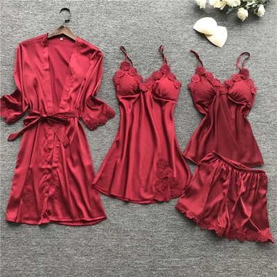 wine red Атласная Сексуальная кружевная Пижама, набор из четырех частей, пижама, шелковая Домашняя одежда, спагетти ремень, пижама, женская пижама с нагрудными накладками - Цвет: wine red