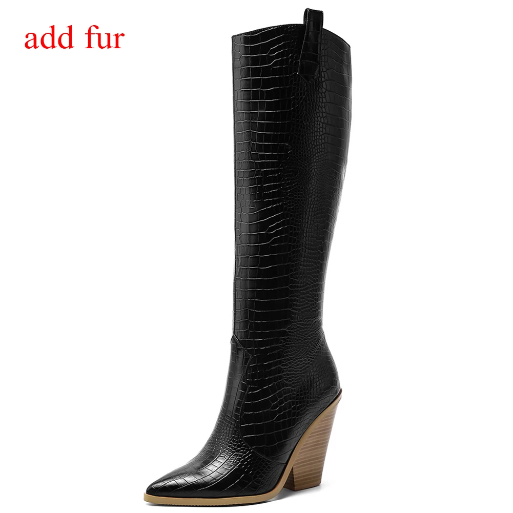 Karinluna/ г. Обувь в сдержанном стиле высокого качества размера плюс 46 женские ботинки женские сапоги до колена на Высоком толстом каблуке на молнии теплая обувь - Цвет: black add fur
