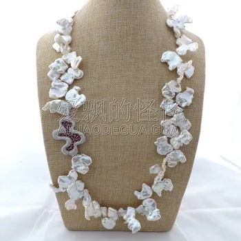 

N122704 30" White Keshi Pearl Necklace CZ Pave Connector