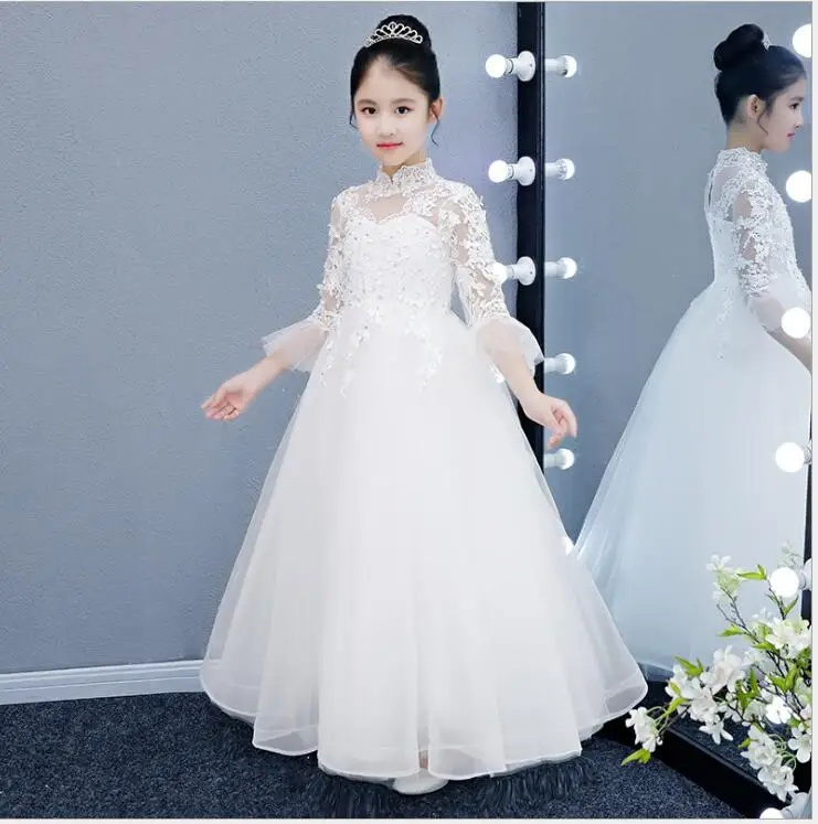 Белое Тюлевое платье для девочек; платье для первого причастия; длинное кружевное платье с блестками для маленьких девочек; праздничное платье с цветочным узором для девочек; вечерние платья принцессы