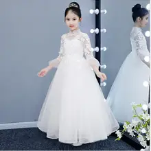 Белое Тюлевое платье для девочек; платье для первого причастия; длинное кружевное платье с блестками для маленьких девочек; праздничное платье с цветочным узором для девочек; вечерние платья принцессы