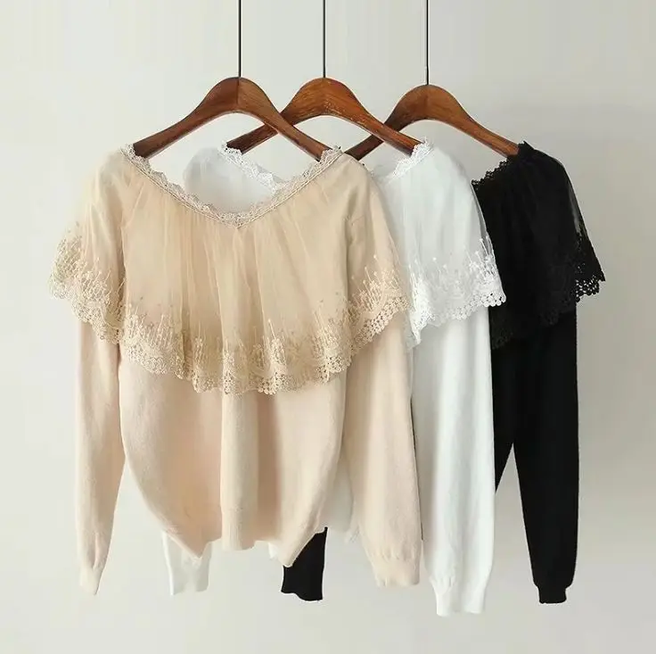 

HCBLESS 2019 Autumn New mesh lace stitching collar long sleeve thin sweater sweet lady sweater