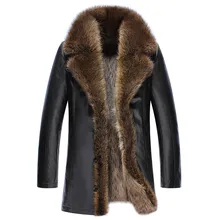 Мужская куртка из натуральной кожи, зимняя шуба из натурального меха енота с подкладкой из овчины, теплая Роскошная Шуба 3649 KJ3643