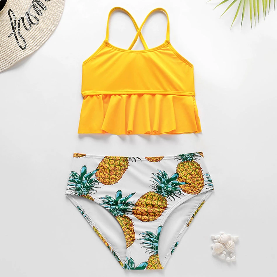 Bañador piña para niñas, conjunto de Bikini cintura alta, Tankini Falbala, 2021|Bodis| AliExpress