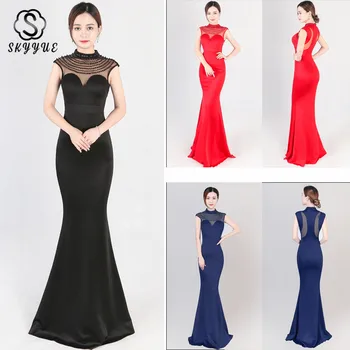 

Skyyue Evening Dresses 2019 Sleeveless High Collar Pearls Formal Dresses Evening Gown Solid Long Dresses Evening C216-DS1