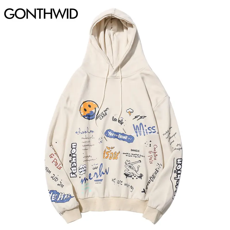 

GONTHWID Harajuku Graffiti Print Pullover Thin Hooded Sweatshirts Streetwear Hoodies Mens Hip Hop Fashion Hipster Casual Tops