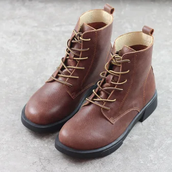 

Woman Boots Anti-Slip Lace up Ladies Ankle Boots Low Heel 100% Genuine Leather ankle booties mujer Youth Girls Dress Ankle Boot