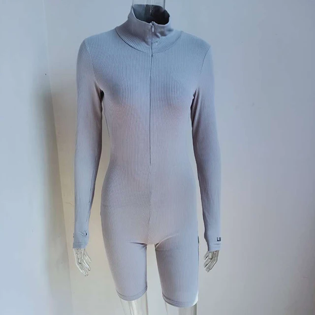Plus Jumpsuit For Women Romper 2020 Lucky Label Long Sleeve Casual Skinny Turtleneck Catsuit Zipper Sport Wear Bodysuit Black Short Gray