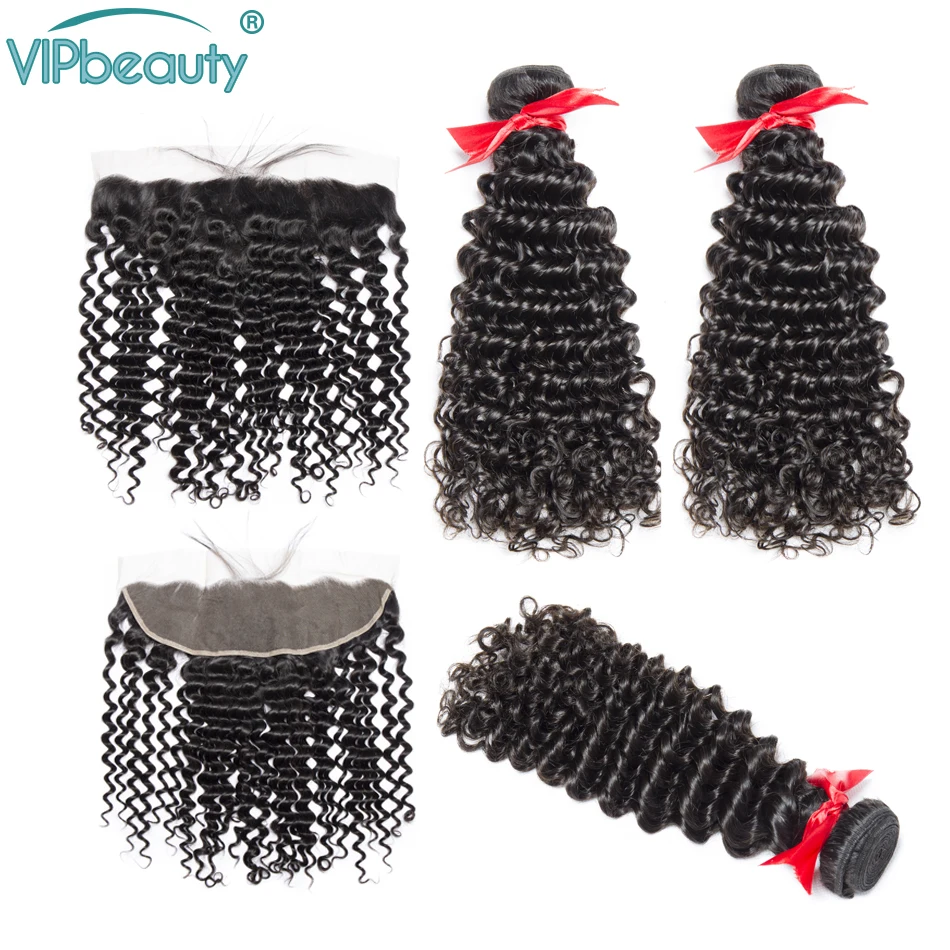 

VIPbeauty Deep wave Brazilian Hair Bundles with Frontal Remy Hair Extension 13*4 Lace Frontal Closure wirh 3 Bundles