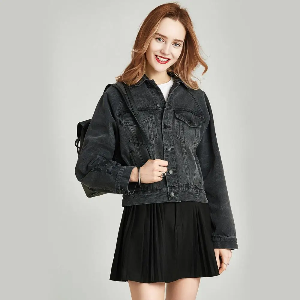 Black Хавва новая французская джинсовая куртка Свободная красивая женская короткая куртка с потертостями W30400 - Цвет: Black