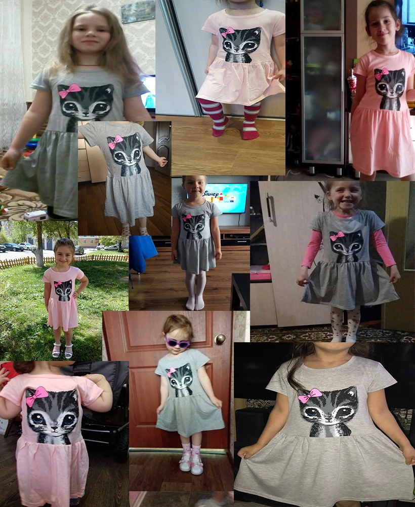 2,3,4,5,6,7,8 Years New Summer Girl Dress Cat Print Gray Pink Baby Girl Dress Children Clothing Dress Dropshipping KF999 fashion baby girl skirt
