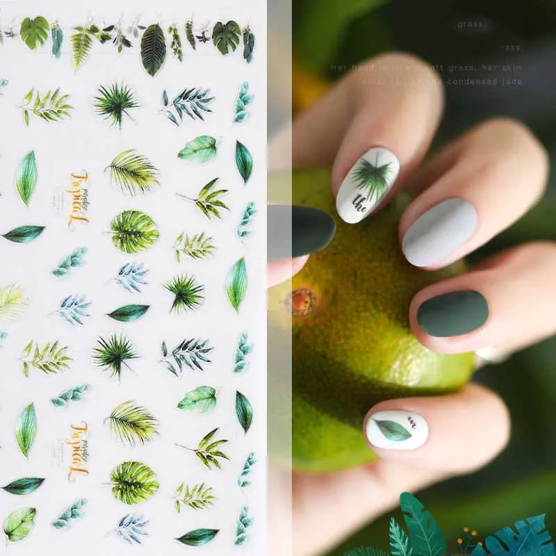 

New arrived 3D Nail Stickers Decals 1 sheet green leaves Adhesive Stickers Nail Art Tattoo Decoration Z0250