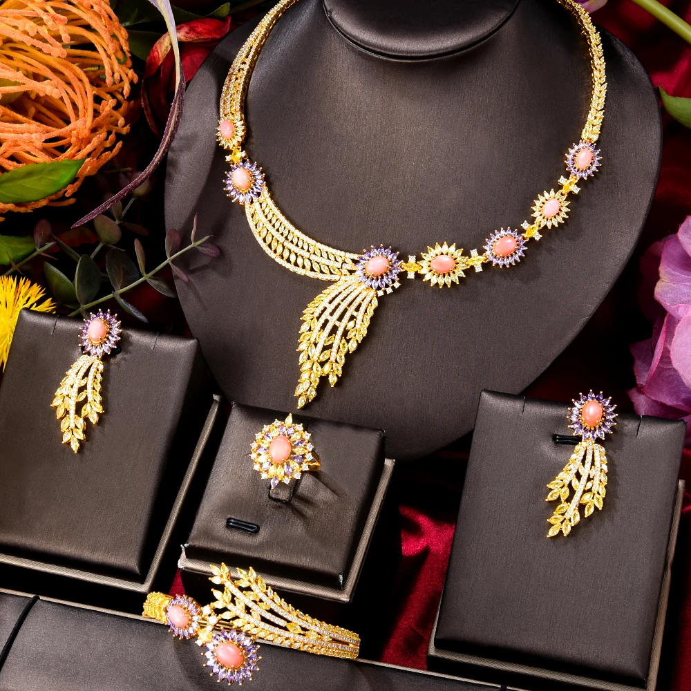 

Kellybola Noble Luxury Necklace Bangle Earring Ring 4PCS Dubai Women’s Wedding Banquet Anniversary Zircon Exquisite Jewelry Set