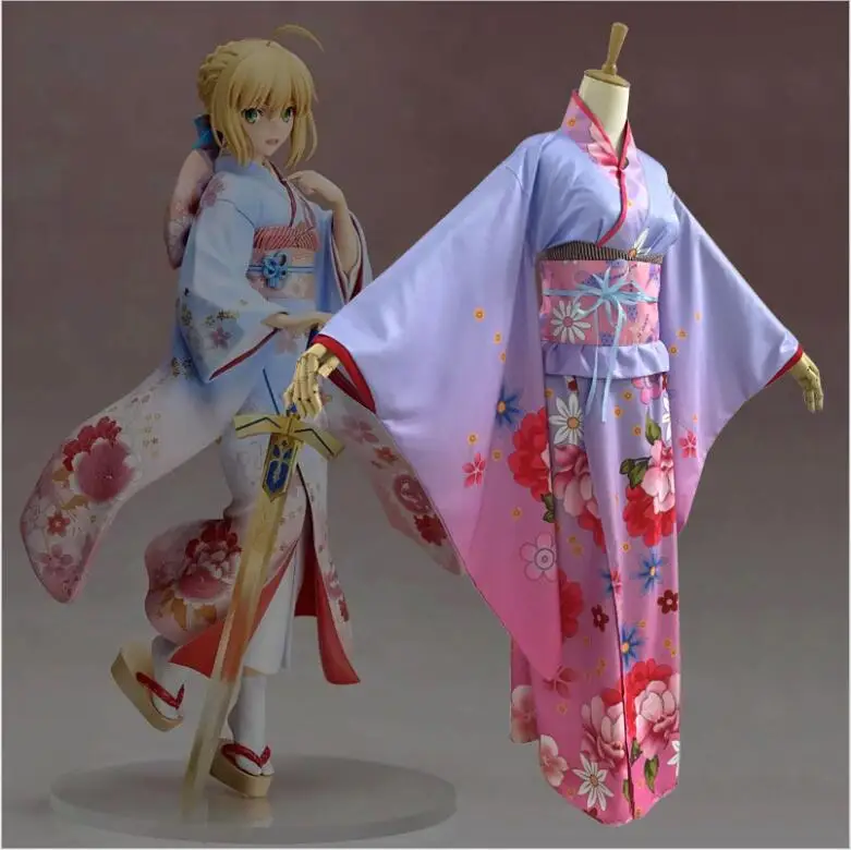 Anime Fate Stay Night Cosplay Saber Kimono Custome Kimono+Belt+Bow at back+Headdress+Waistband |