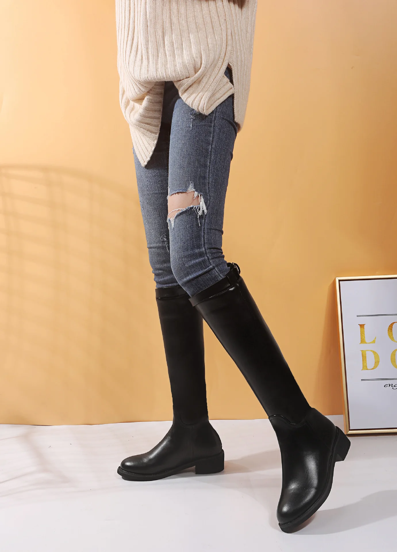 

Europe And America 2019 Autumn And Winter Thigh Boot round-Toe Chunky Heel Semi-high Heeled Biker Boots Knee High Boots Riding B