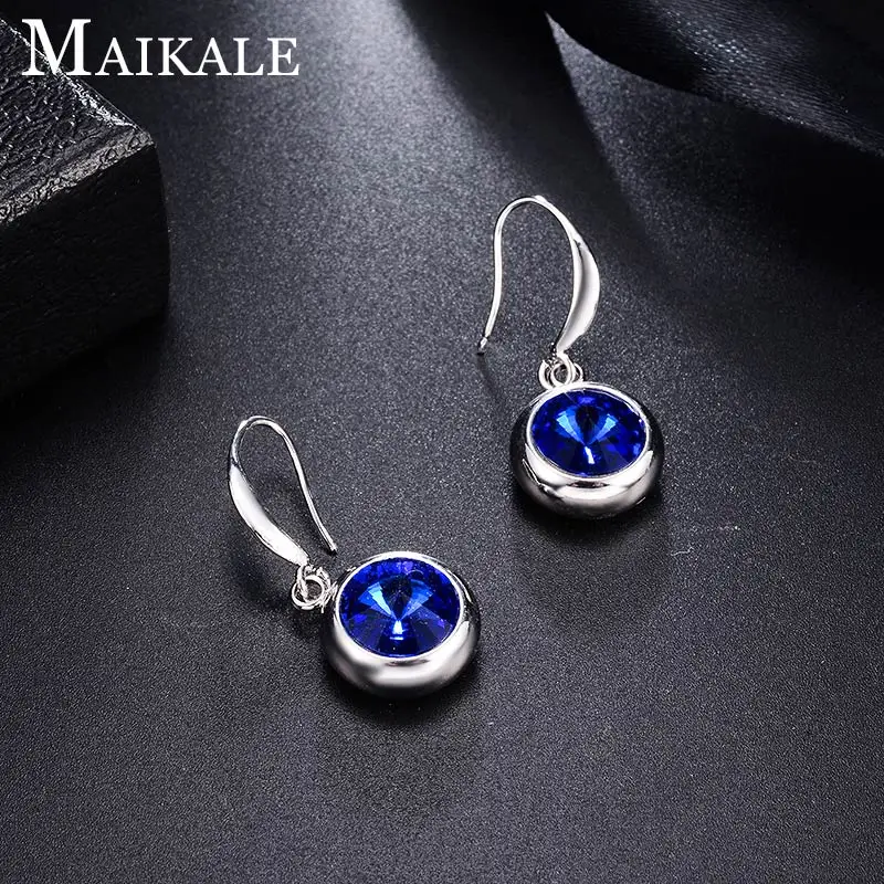 Женские разноцветные серьги MAIKALE, круглые модные серьги-подвески с крючком с золотистым/серебристым покрытием и фианитом для подарка - Окраска металла: 6-silver-royal blue