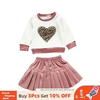 

Bear Leader 2-6T Girls Children Autumn Causal Oufits Animal Print Heart Pattern Tops and Solid Pleated Skirt Girls Fashion Suits