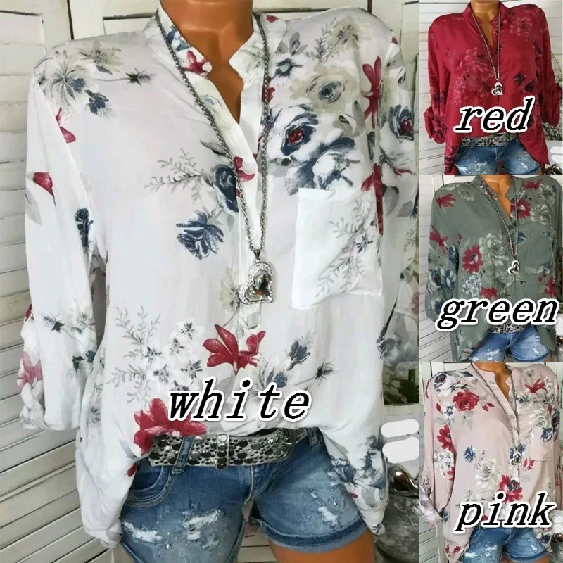Красивые летние женские рубашки 5XL размера плюс с цветочным принтом из шифона с длинным рукавом и v-образным вырезом, повседневные рубашки больших размеров, Свободные повседневные Шифоновые Топы