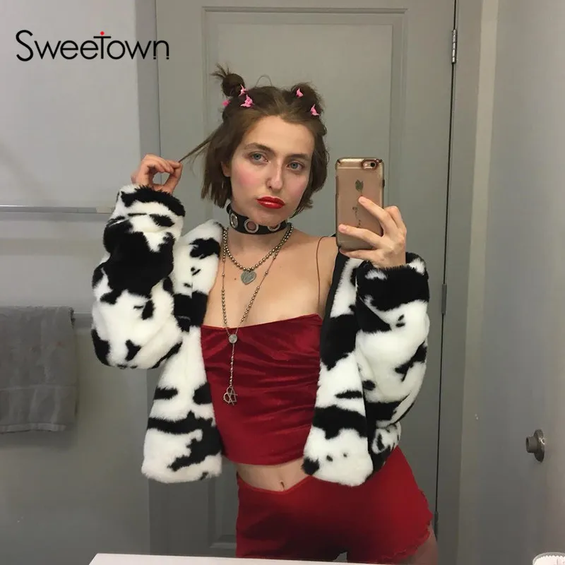 Sweetown Зимняя мода корова печати шерстяные женские куртки пальто на молнии отложной воротник с длинным рукавом теплое осеннее пальто женская одежда