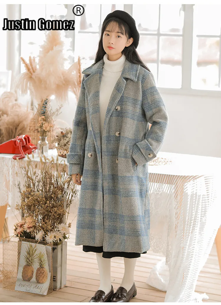 

Winter Female Coat Long Sleeves Overcoat Double-breasted Plaid Pockets Woolen Coats Outerwear Female Cardigan Clothing Women
