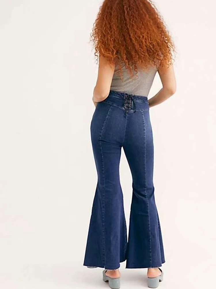 Denim High Waist Flared Jeans Women With Back Lace Up Dark Blue Big Bell Bottom Skinny Pants Vintage Ladis Trousers Fashion 0237