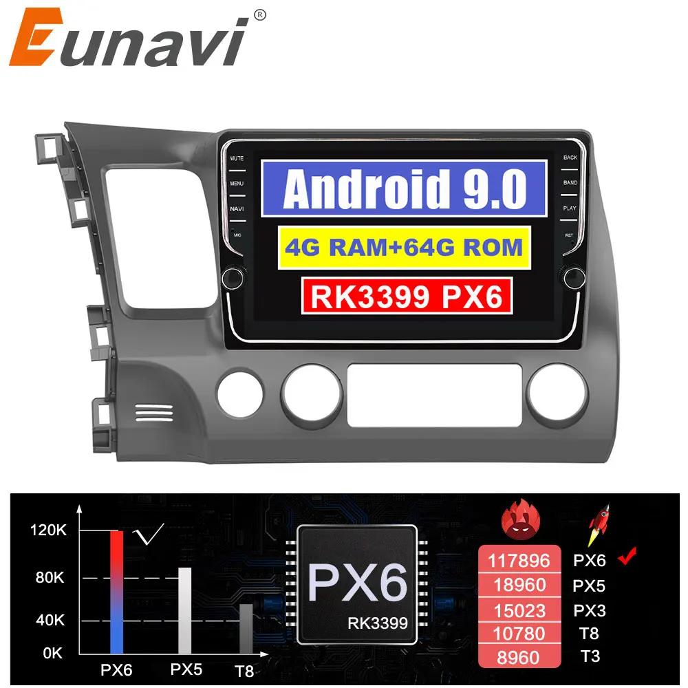 Eunavi 4G+64G 2 DIN Android Car Radio Multimedia Video Player GPS navigation For Honda Civic 2006-2011 2din car pc 9 inch no dvd