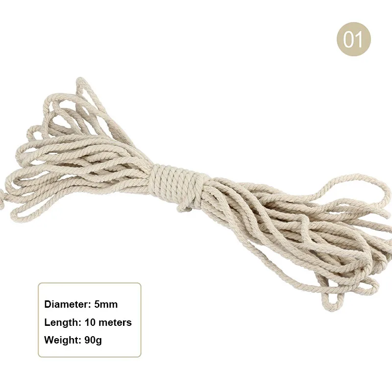 Beige 5mm 10M 10 метров бежевый три витые тканые круглые хлопковые веревки 5 мм/6 мм/7 мм/8 мм/10 мм/12 мм/15 мм/18 мм/20 мм толстый шнур DIY гобелены ручной работы - Цвет: Beige 5mm 10M