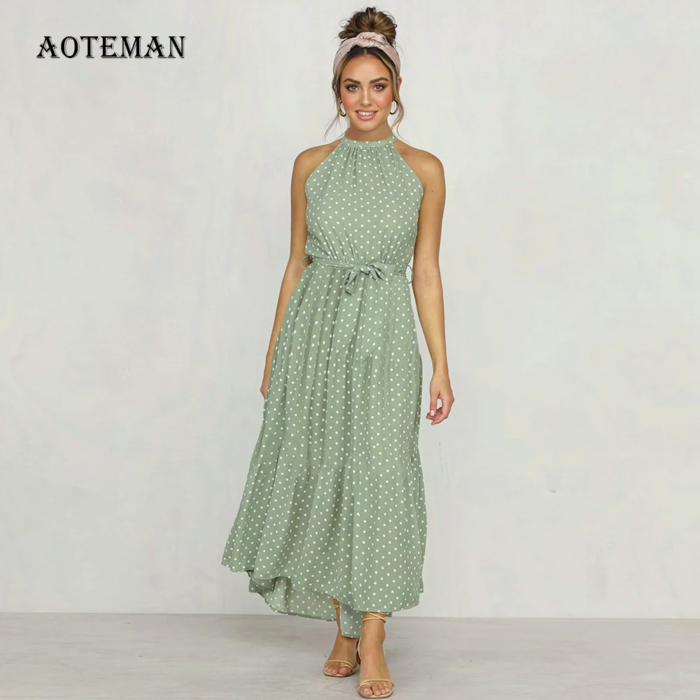 

Spring Summer Dress Women 2020 Sexy Elegant Halter Slim A Line Dot Dress Female Vintage Casual Sleeveless Belt Party Dresses