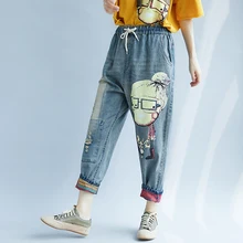 Funny Cartoon Print Jeans Woman Elastic Waist Jeans Boyfriend Trouser Harem Jeans Denim Korean Pant Push Up Vintage Plus Size
